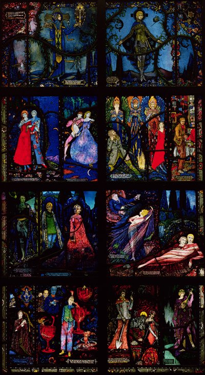 Das Genfer Fenster, acht Tafeln mit Szenen aus der frühen irischen Literatur, 1929 von Harry Clarke