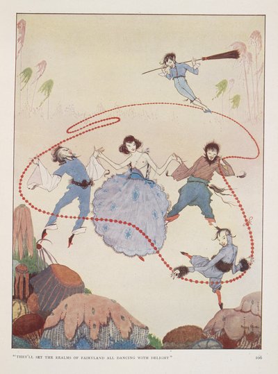 "Sie werden das Reich der Feen zum Tanzen bringen". Illustration für Alms im Herbst von Rose Fyleman. Figuren tanzen in der Luft. von Harry Clarke