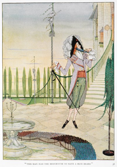 "Dieser Mann hatte das Unglück, einen blauen Bart zu haben." Blaubart streichelt seinen Bart. von Harry Clarke