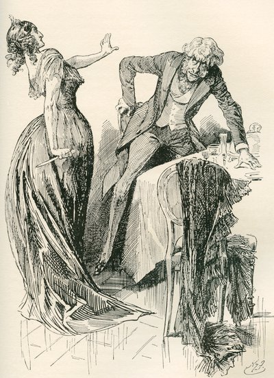 Edith und Mr. Carker. "Er kam fröhlich auf sie zu, als sie im nächsten Moment das Messer vom Tisch aufhob und einen Schritt zurücktrat. "Bleib stehen," sagte sie, "oder ich werde dich ermorden!" Illustration von Harry Furniss für den Charles Dickens Roman von Harry Furniss
