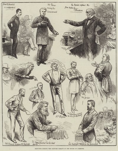 Skizzen während der Cloture-Debatte im Unterhaus von Harry Furniss