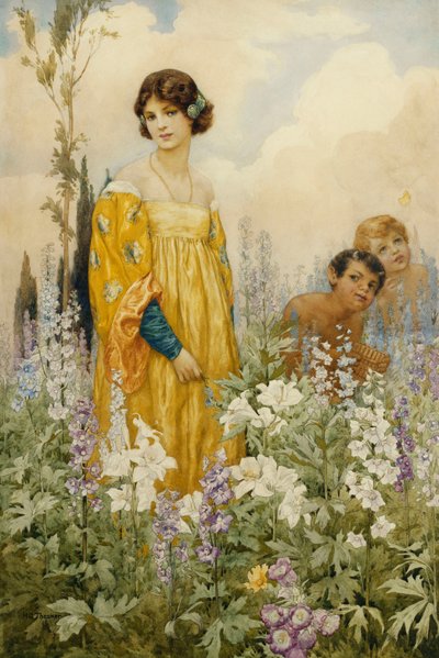 Eine junge Maid mit Pan und Amor, in einem wilden Garten von Harry George Theaker