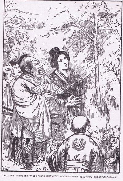 Alle verdorrten Bäume waren sofort mit wunderschönen Kirschblüten bedeckt (Der alte Mann, der verdorrte Bäume blühen ließ) von Harry George Theaker