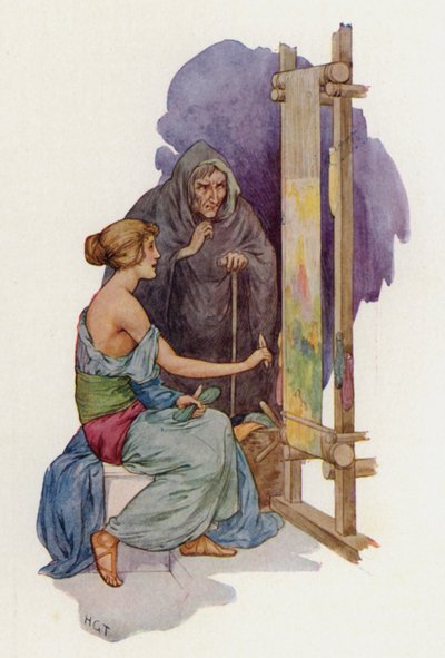 Arachne wird von einer verkleideten Minerva in eine Spinne verwandelt von Harry George Theaker