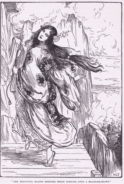 Eine schöne Jungfrau-Göttin begann auf einem Klangbrett zu tanzen (Die Ebene des Hohen Himmels) von Harry George Theaker