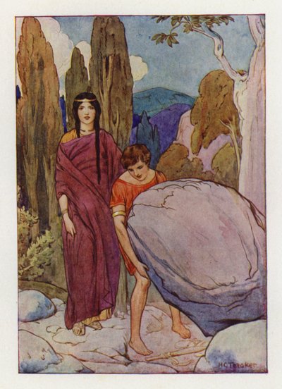 Theseus hebt den großen Felsen, unter dem das Schwert und die Sandalen lagen von Harry George Theaker