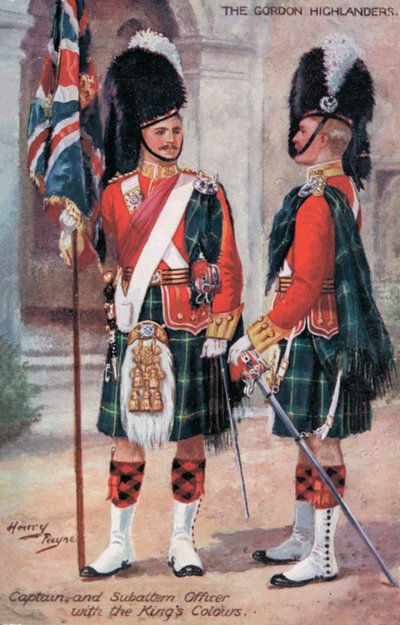 Die Gordon Highlanders, Hauptmann und Unteroffizier, mit den Farben des Königs von Harry Payne