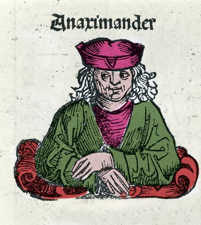 Darstellung von Anaximander von Milet (610 - 547 v. Chr.), griechischer Philosoph, Mathematiker und Astronom. Holzschnitt aus „Chroniken von Nürnberg“ von Hartmann Schedel von Hartmann Schedel