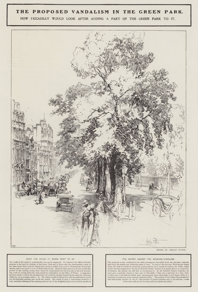 Der vorgeschlagene Vandalismus im Green Park, London (Lithografie) von Hedley Fitton