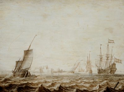 Ein Wijdschip senkt das Segel in einer stürmischen See, Mitte des 17. Jahrhunderts von Heerman Witmont