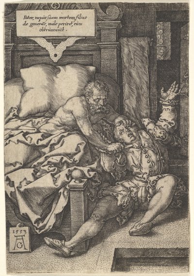 Richter Herkinbald schneidet seinem Neffen die Kehle durch, 1553 von Heinrich Aldegrever