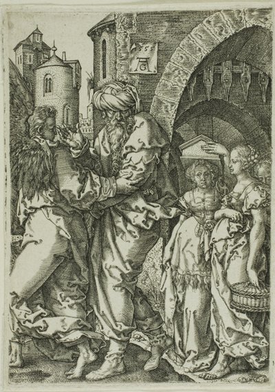 Lot und seine Familie fliehen aus Sodom, aus Die Geschichte von Lot von Heinrich Aldegrever