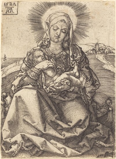Madonna in einer Landschaft auf einem Kissen sitzend von Heinrich Aldegrever