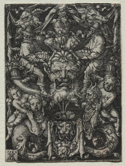 Ornamententwurf mit Maske, einem Paar Tritonen und zwei Kindern darunter von Heinrich Aldegrever