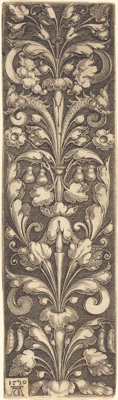 Zweig mit Ornamenten, zwei Masken und zwei Delfinen von Heinrich Aldegrever