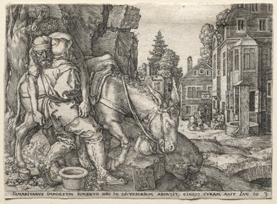 Das Gleichnis vom barmherzigen Samariter: Der barmherzige Samariter setzt den Reisenden auf seinen Esel von Heinrich Aldegrever