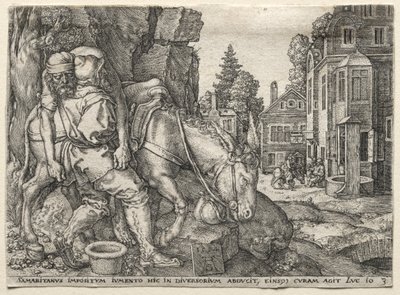 Das Gleichnis vom barmherzigen Samariter: Der barmherzige Samariter setzt den Reisenden auf seinen Esel, 1554 von Heinrich Aldegrever