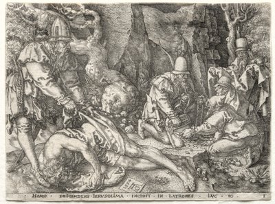 Das Gleichnis vom barmherzigen Samariter: Die Räuber greifen die Reisenden an von Heinrich Aldegrever
