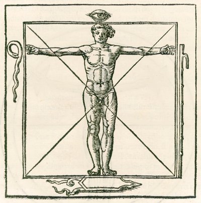 Mann in einem Quadrat umgeben von Symbolen des Auges, der Schlange, des siebenfachen Stabs und des Schildes. Gravur aus Heinrich Cornelius Agrippa von Nettesheim (1486-1535) De occulta philosophia libri tres von Heinrich Cornelius Agrippa von Nettesheim
