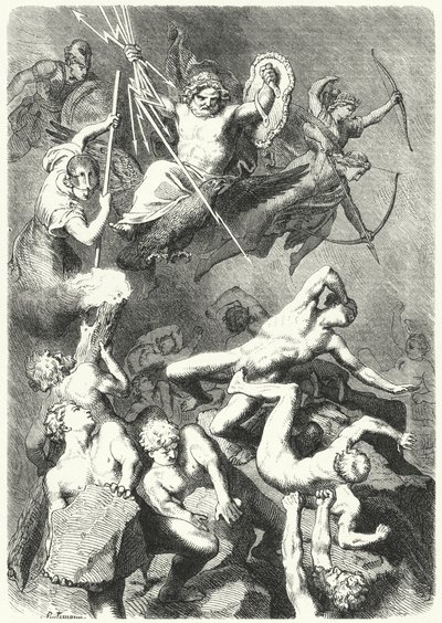 Kampf zwischen den antiken griechischen Göttern und den Titanen (Stich) von Heinrich Leutemann