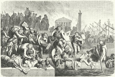 Abfahrt einer Vandalenflotte mit Beute aus einer geplünderten Stadt (Stich) von Heinrich Leutemann