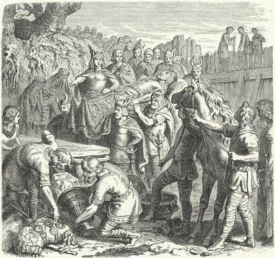 Das Begräbnis von Alarich I., König der Westgoten, im Flussbett des Busento, 410 von Heinrich Leutemann