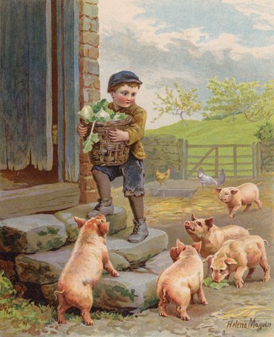 Hungrige Schweine beobachten einen Jungen, der einen Korb mit Rüben auf einem Bauernhof trägt von Helena J. Maguire