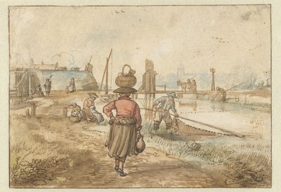 Flusslandschaft mit einer Frau, die einen Korb auf dem Kopf trägt, Fischern und anderen Figuren nahe den Stadtmauern von Hendrick Avercamp