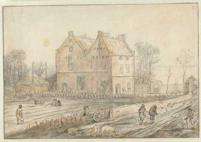 Ansicht eines Landhauses mit Sämännern auf dem Feld von Hendrick Avercamp
