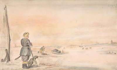 Winterlandschaft mit einem Jäger und seinem Hund, n.d. von Hendrick Avercamp