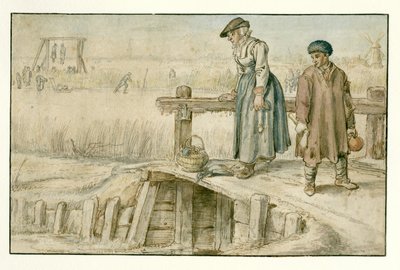 Winterlandschaft mit einer Frau und einem Jungen auf einer kleinen Brücke, Schlittschuhläufern und einem Galgen in der Ferne von Hendrick Avercamp