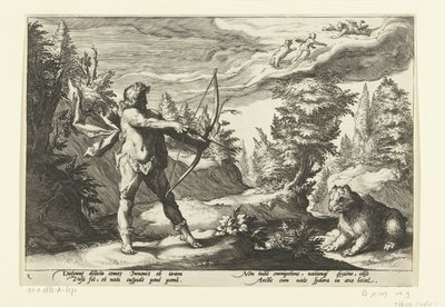Arcas zielt mit seinem Pfeil auf Callisto von Hendrick Goltzius (workshop of)