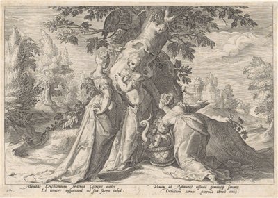 Töchter des Cecrops öffnen den Korb der Minerva von Hendrick Goltzius (workshop of)
