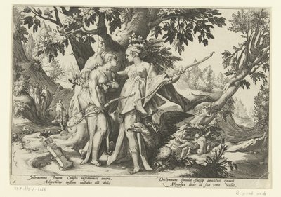 Jupiter verführt Callisto in der Gestalt von Diana von Hendrick Goltzius (workshop of)