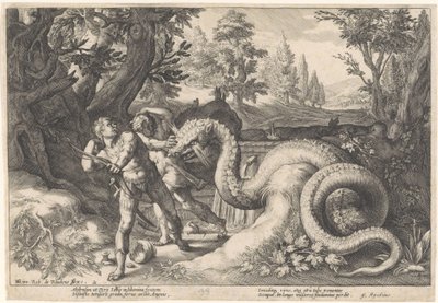 Gefährten von Kadmos von einem Drachen verschlungen von Hendrick Goltzius (workshop of)