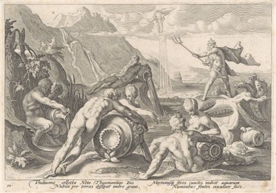 Neptun befiehlt den Flussgöttern, eine Sintflut zu verursachen von Hendrick Goltzius (workshop of)