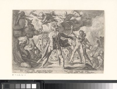 Kampf zwischen den Göttern und den Giganten von Hendrick Goltzius (workshop of)