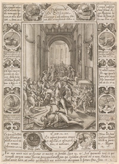 Dissidium in Ecclesia, Blatt 8 der Folge "Allegorien des christlichen Glaubens" von Hendrick Goltzius