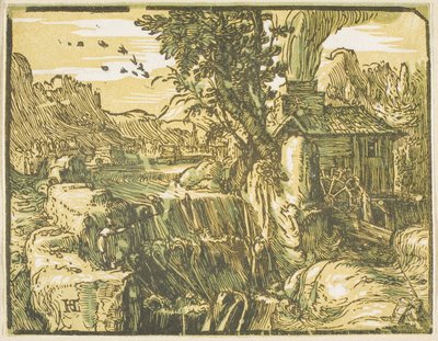 Landschaft mit einem Wasserfall, aus Vier Kleine Landschaften von Hendrick Goltzius