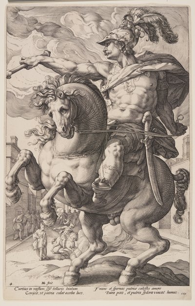 Marcus Curtius zu Pferd, aus Die Römischen Helden von Hendrick Goltzius