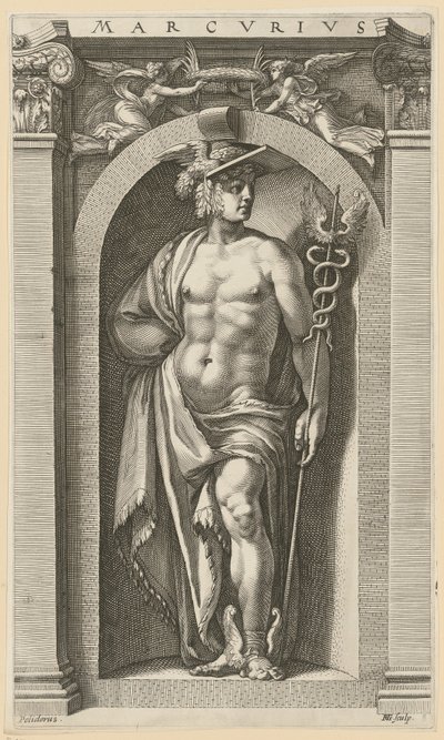 Merkur, Blatt 8 der Folge "Acht antike Gottheiten" von Hendrick Goltzius