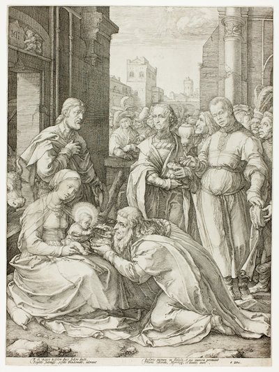 Die Anbetung der Könige, Tafel fünf aus Die Geburt und das frühe Leben Christi von Hendrick Goltzius
