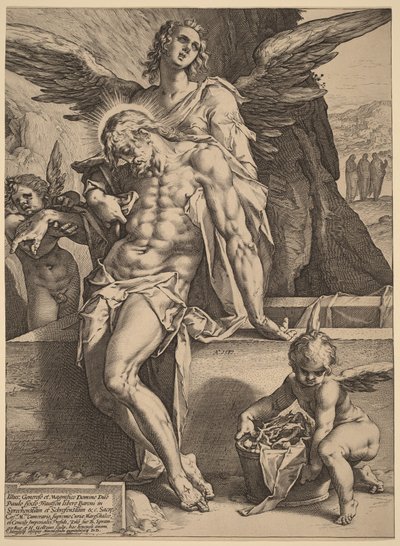 Der von Engeln gestützte Leichnam Christi von Hendrick Goltzius