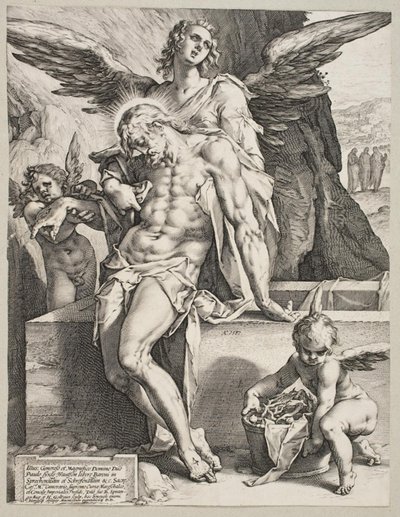 Der Leib Christi von einem Engel gestützt von Hendrick Goltzius