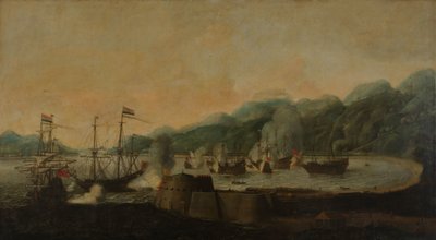 Ein niederländisches Geschwader unter dem Kommando von Cornelis Simonsz van der Veer führt einen Überraschungsangriff auf drei portugiesische Galeonen in der Bucht von Goa Velha durch, 30. September 1639 von Hendrick van Anthonissen