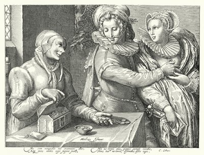 Ein junger Mann wählt die Liebe zur Schönheit statt Reichtum (Gravur) von Hendrik (after) Goltzius