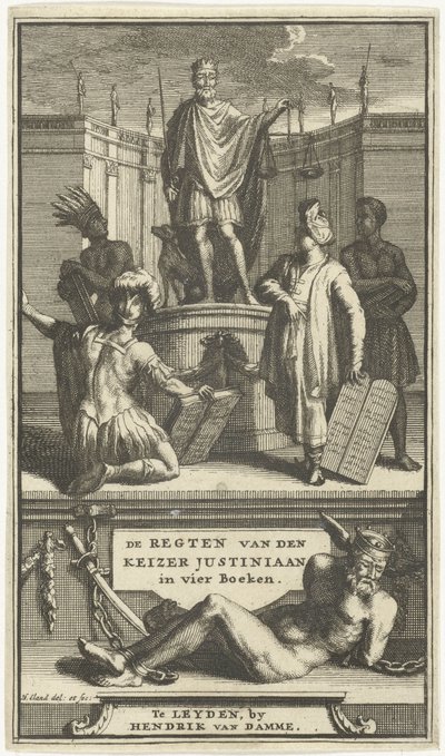 Titelseite für De regten van den keizer Justiniaan, Leiden, 1705 von Hendrik Elandt