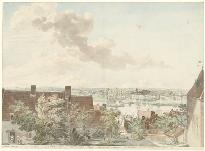 Ansicht von Nijmegen mit einer Fähre über den Fluss von Hendrik Hoogers