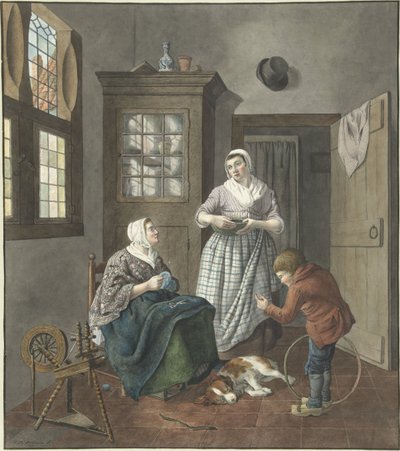 Interieur mit nähender Frau, Dienstmädchen und spielendem Jungen von Hendrik Jan van Amerom