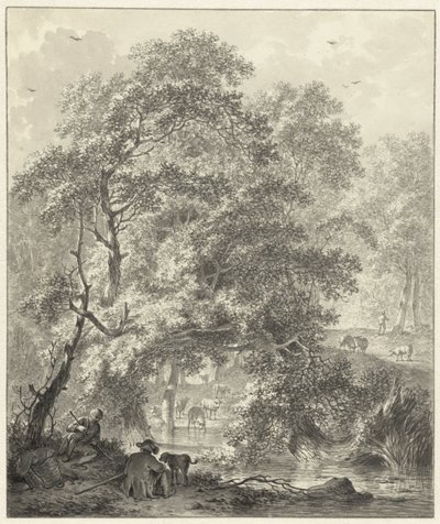 Waldlandschaft mit zwei Jungen und einem Hund, die am Wasser sitzen von Hendrik Meijer